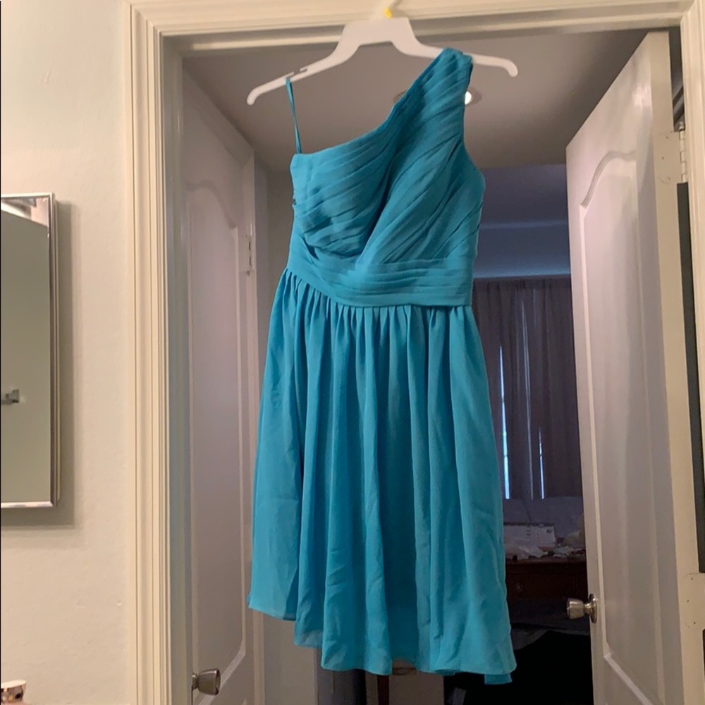 Turquoise chiffon knee length, one shoulder dress